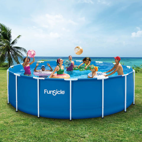 Top Tier 15 Foot Round Above Ground Pool Featuring Lightning Fast Snap Lock Assembly Durable Steel Supports And Smooth Inner Sleeve with swimmers enjoying a sunny day.