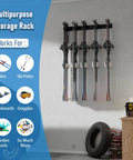 Big Boy Ski Rack Wall Mount For Garage Storage Keeps Six Pairs Of Skis And Snowboards Locked Down With Easy Snap Together Hooks Supports Up To Seventy Five Pounds In Sleek Black with skis displayed on wall.