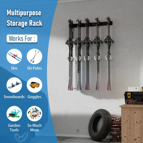 Big Boy Ski Rack Wall Mount For Garage Storage Keeps Six Pairs Of Skis And Snowboards Locked Down With Easy Snap Together Hooks Supports Up To Seventy Five Pounds In Sleek Black with skis displayed on wall.