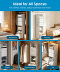 Versatile Six Shelf Hanging Closet Organizer With Split Shelf Design And Three Removable Drawers For Ultimate Flexibility Plus Four Mesh Storage Pockets displayed in various settings.