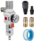 Three Eighth Inch NPT Air Filter Regulator Combo With Five Micron Brass Element Semi Auto Drain Piggyback Poly Bowl Metal Bracket And 0 To 150 Psi Gauge For High Flow 70 CFM