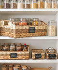 Six Premium Handcrafted Wicker Pantry Baskets And Closet Storage Organizers With Matched Chalkboard Labels For Kitchen Decluttering Straight Up Game Changer Storage Set on shelves with jars.