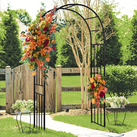 7.2 Ft Outdoor Steel Garden Arch Arbor With Stakes, Wide Sturdy Black Metal Archway With Flowers For Climbing Plants