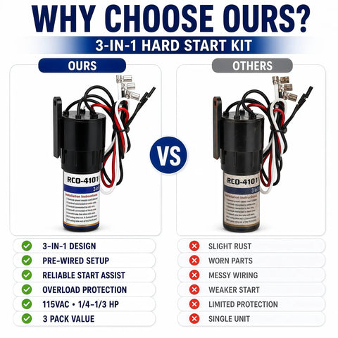 Comparison of Universal 3 In 1 Compressor Hard Start Capacitor Kit For Refrigeration Systems side by side with inferior model.
