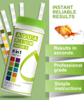 Solid 8 In 1 Aquarium Test Kit For Freshwater And Saltwater Features 150 Fast Snap Checks For Ph Ammonia Nitrogen Free Chlorine And Hardness To Keep Your Fish Tank Running Smoothly, showing a test kit bottle and strips.
