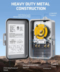 Bulldozer Tough Heavy Duty Mechanical Timer Switch with metal housing, 24H dial, and IP44 weatherproof rating.
