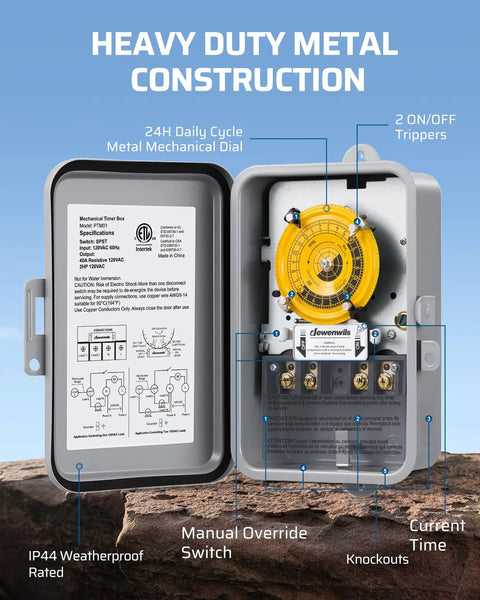 Bulldozer Tough Heavy Duty Mechanical Timer Switch with metal housing, 24H dial, and IP44 weatherproof rating.
