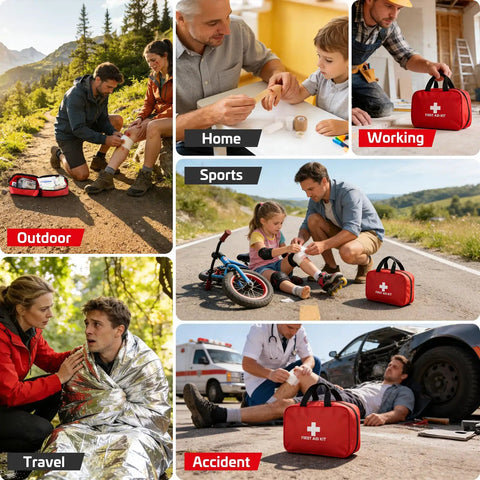 Ultimate 382 Piece Portable First Aid Kit For Home, Car, Travel, Camping And Office showing diverse emergency scenarios