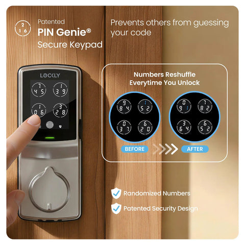 Heavy Duty Commercial Smart Deadbolt 10 Pack Fire Rated Keypad Lock showing patented PIN Genie secure keypad on wood door.