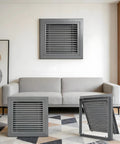 Professional Grade Return Air Grille With Slick Magnetic Latch Louvered Access Door Built In Dust Filter For Attic Crawl Space Or Drywall Walls No Sweat Setup Gray Handle Unit - Gray aluminum return air grille in living room setting.