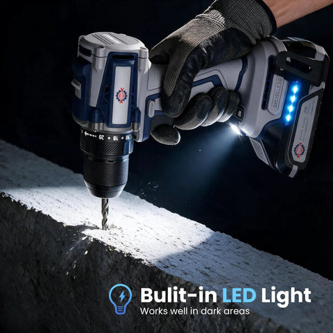 Heavy Duty 20 Volt Max Brushless Cordless Drill Kit With Badass 70 Newton Meter Torque And 1800 Rpm Speed For No Fuss Home Fixes Furniture Buildout And Everyday Diy Jobs Featuring Quick Change Keyless Chuck drilling into concrete with built-in LED light.