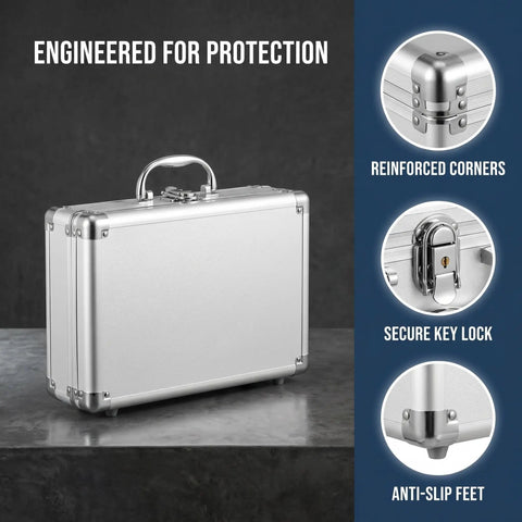 Tough As Nails Lockable Aluminum Alloy Toolbox With Shock Absorbing Foam Insert showing secure key lock and reinforced corners.