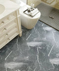 Grey Marble Peel And Stick Vinyl Floor Tiles 24 Pack Waterproof 12x12 Self Adhesive Floor Tiles For Bathroom Kitchen Bedroom Basement Removable Stick On With Durable Slightly Textured Finish in a bathroom setting