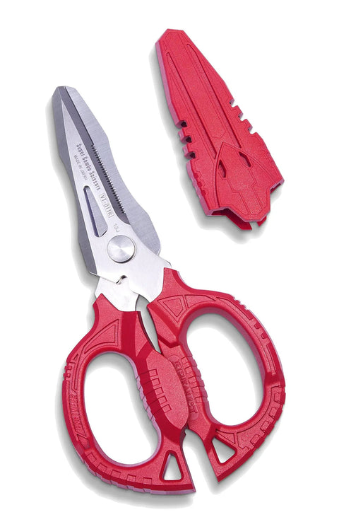 Five Piece Screw Extractor Pliers Set With Five Inch Mini Pliers Beefy Pro Grade Six And A Quarter Inch Multipurpose Seven Inch Slip Joint Eight Inch Linesman Pliers And Electrician Scissors Free Tool Pouch ESD Safe For Auto Shop And DIY showing red electrician scissors with sheath
