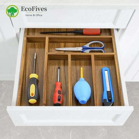 Acacia Kitchen Drawer Organizer With Grooved Dividers, 6 Slot Silverware And Utensil Tray For Flatware And Kitchen Tools in drawer