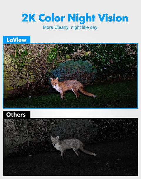 Comparison of a fox in a garden using Outdoor Wired 2K Security Camera With Starlight Color Night Vision and a standard camera.