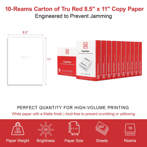 Premium White Copy And Printer Paper 8.5 X 11 Inches Twenty Pound Weight Ninety Two Brightness Five Thousand Sheets Per Carton.
