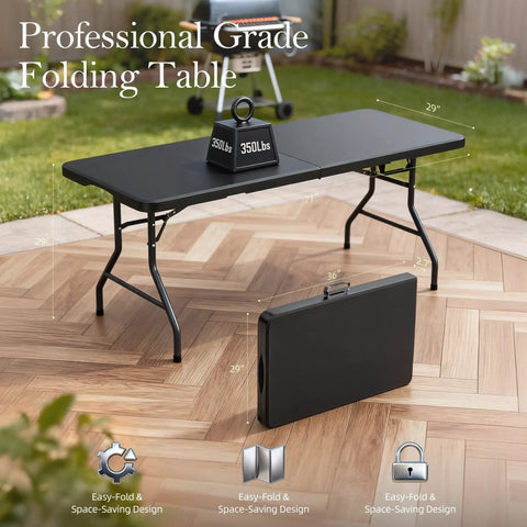 Six Foot Folding Table With Carrying Handle That's Built Tough For Indoor And Outdoor Parties, black HDPE table setup on patio.
