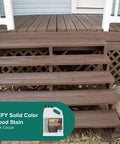Solid Color Wood Stain For Decks And Fences UV Resistant Opaque Finish That Hides Imperfections Long Lasting Exterior Paint With Zinc Nano UV Protection 1 Gallon in Dark Cocoa applied on wooden porch steps