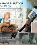 Premium Cordless Stick Vacuum With Auto Empty Base And Tangle Free Roller That Eats Up Pet Hair And Dirt Without Clogging Or Making A Mess Up To 70 Minutes Of Battery Life For Effortless Daily Home Care And Fresh Clean Floors vacuuming near child on couch with HEPA filter in action.