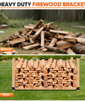 8 Pack Firewood Log Storage Rack Bracket Adjustable Beefy Heavy Duty Powder Coated Steel Holder For Fireplace Patio And Deck Rust Resistant Outdoor Wood Storage Organizer showing before and after firewood stacking