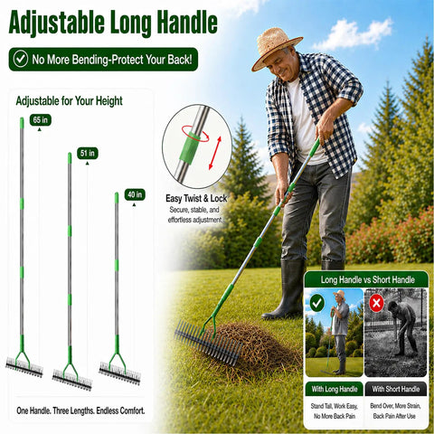 Man using a powerful thatch rake for lawns with 13 inch wide head and 21 carbon steel tines dual sided dethatching tool and scarifier