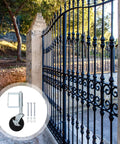 Heavy Duty Steel Spring Loaded Gate Caster With Rock Solid Hidden Spring Design For Buttery Smooth Swiveling Fence Gate Operation And No Hassle Auto Leveling On Rough Terrains beside a black wrought iron fence.