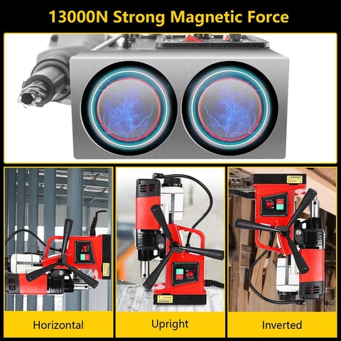 Rock Solid Portable Mag Drill Press Featuring A Powerful 1300W Copper Motor For Effortless Metal Surface Drilling showing strong magnetic force with upright and inverted positions.
