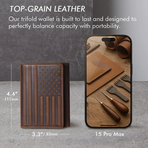 Trifold Leather Wallet For Men RFID Blocking With 12 Card Slots, American Flag Design displayed with phone size comparison