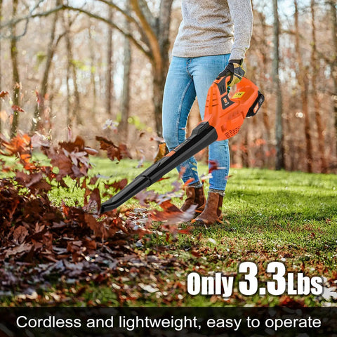 Person using 21V Cordless Leaf Blower, Ultra Lightweight Handheld With 2.0Ah Battery And Fast Charger, Adjustable Speeds on lawn.