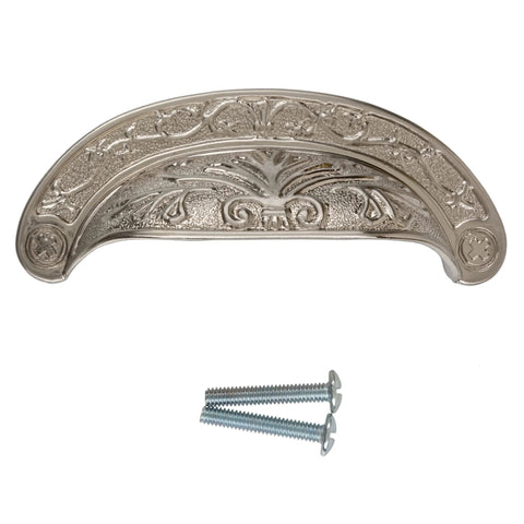 Baroque Scroll Work Brushed Nickel Cup Pull For Cabinets And Drawers, 2-1/2 Inch Centers, with installation screws, vintage decor
