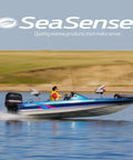 Person driving a motorboat on a lake with SeaSense branding, showcasing the Three Rack Fishing Rod Holder For Boat And Garage With Durable Weatherproof Construction Grab And Go Snap Together Storage.
