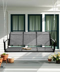 Gray Textilene Three Seat Hanging Swing for Backyard Chill Sessions with 5.2 ft patio bench and sturdy chains in a porch