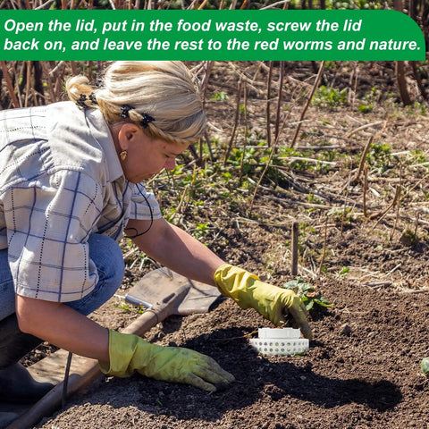 Woman installing Two Pack Inground Worm Composters For Home Gardens And Raised Beds Worm Farm Bin Kit For Garden Use