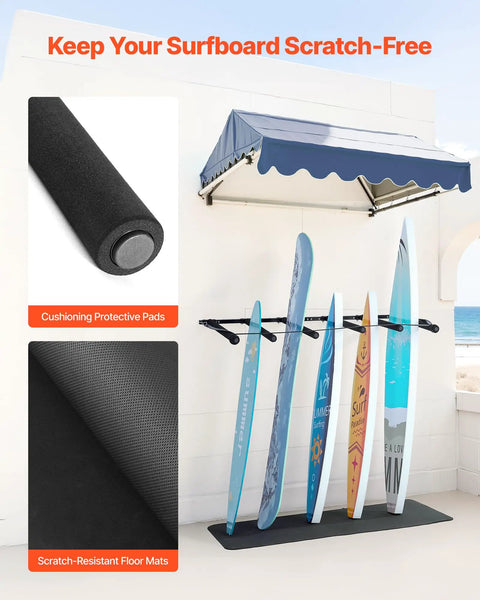 Keep Your Sick Gear Organized With This Heavy Duty Surfboard Wall Mount Vertical Paddle Board Rack Featuring Hella Secure Rubber Padding For Effortless Garage Storage And Zero Clutter Vibes, featuring protective pads and surfboards.