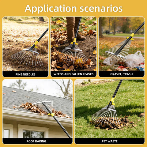 Go To Adjustable Metal Leaf Rake With Wide And Narrow Modes used for pine needles, leaves, gravel cleanup, roof raking, and pet waste.
