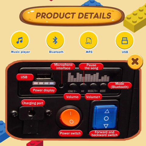 Dashboard controls of 2 In 1 Ride On Car For Kids With Buildable Blocks including MP3, USB, and Bluetooth options.