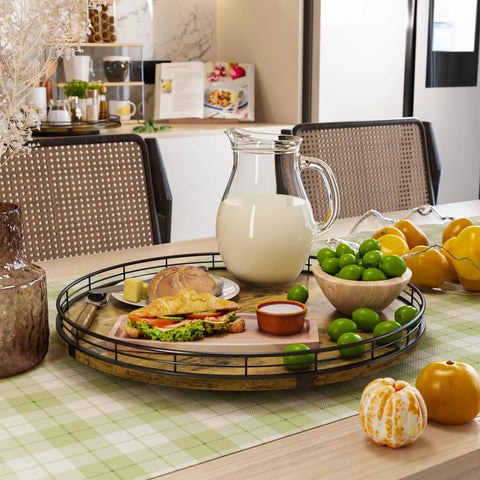 Slick Sixteen Inch Round Wooden Lazy Susan Turntable Organizer holding breakfast items on a kitchen table.