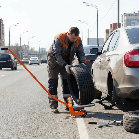 Adjustable Heavy Duty Tire Dolly And Wheel Lifter Built Like A Tank with rust resistant finish being used on street by mechanic.