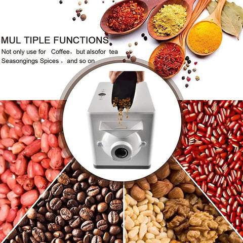 No Sweat Automatic Coffee Bean Roaster Featuring One Click Roast Cycle And Precision Temperature Controls For Even Browning and Top Shelf Flavor For Commercial Cafes with various beans.