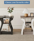 Two Piece End Table With Built In Charging Station For Your Couch And Bedside Modern Curved Nightstand Set Of Two Two AC Outlets USB Port Type C Port About Five Foot Power Cord Three Tier Open Storage, black and white, 3-tier wood finish