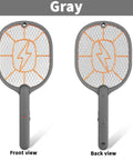 Front and back view of Two Pack Beast Mode High Voltage Bug Zapper Racket For Mosquitoes And Flies With Large 45x20 Cm Head Safe Protective Mesh Indoor Outdoor Use Battery Powered With AA Batteries Not Included Black And Gray.