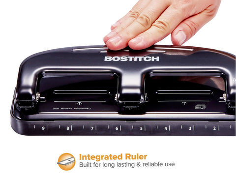 Bostitch Office EZ Squeeze 20-sheet 3-hole punch, metal construction, black and silver, top view