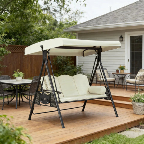 Patio swing on deck, showing Universal 3 Seat Patio Swing Canopy Top Replacement Cover 75-Inch By 47-Inch All-Weather.