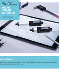 Top Notch 12V Micro Linear Electric Actuator With 12 Inch Stroke And 5 Pounds Force in action on a tablet with schematics.