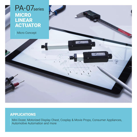 Top Notch 12V Micro Linear Electric Actuator With 12 Inch Stroke And 5 Pounds Force in action on a tablet with schematics.