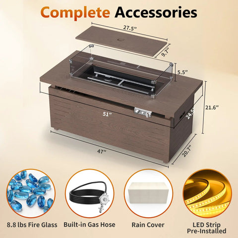 Diagram of 51 Inch Propane Fire Pit Table With 50,000 BTU Smokeless Heat, showing dimensions and accessories included.