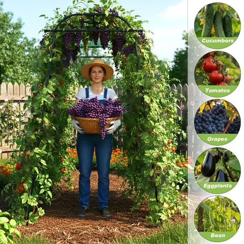 Super Sturdy 7 Foot Garden Arch Trellis For Climbing Plants with grape vines in backyard garden