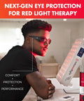 Next Gen Red Light Therapy Glasses Extra Dark Ir5 Lenses Shield Peepers With Near Infrared Light for Ageless Glow Vibe worn during treatment.