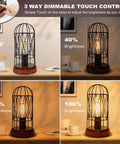 Industrial Table Lamp With Touch Control Edison Desk Lamp 3 Way Dimmable Vintage Bedside Light AC Outlet Metal Cage Steampunk Nightstand Lamp For Living Room Bedroom Den showing brightness levels and metal cage design.